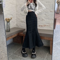 批发韩国高腰侧开叉牛仔<b class='q'>半身裙</b>女2025夏季薄款显瘦a字分叉包臀长裙ins