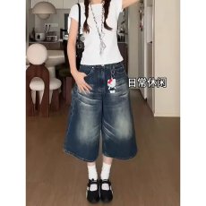 批发美式阔腿牛仔七分裤女夏季新款<b class='q'>大码</b>胖mm宽松显瘦梨形身材直筒短裤