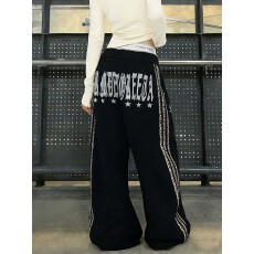 批发华棉复合三条杠乐万邦运动裤卫裤女<b class='q'>春</b>秋宽松阔腿裤印花跳舞裤子