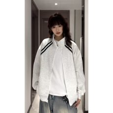 批发美式复古条纹<b class='q'>外套</b>男女秋季青少年学院风卫衣重磅立领运动夹克