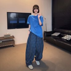批发美式复古格子抽绳松紧休闲裤男女潮牌夏季宽松阔腿百搭长裤