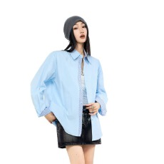 批发海岛热恋小众条纹撞色衬衫男女2026春秋新款假两件拼接<b class='q'>设计</b>感上衣