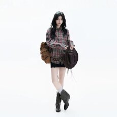 批发<b class='q'>原创</b>美式做旧脏染格子长袖衬衫男女秋季百搭宽松星星贴皮刺绣衬衣