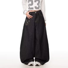 批发2026美式复古贴布绣阔腿<b class='q'>牛仔裤</b>男<b class='q'>女</b>秋新款设计感高腰宽松<b class='q'>长裤</b>