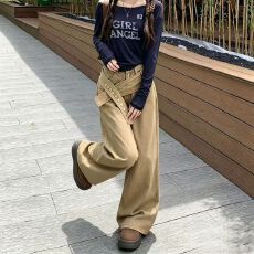 批发松弛感慵懒休闲风卡其色<b class='q'>牛仔裤</b><b class='q'>女</b>小个子宽松遮肉显瘦直筒阔腿<b class='q'>长裤</b>