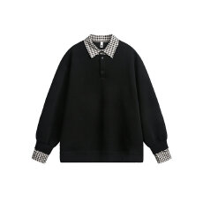 批发美式复古polo衫<b class='q'>情侣</b><b class='q'>卫衣</b>男女假两件格子拼接cleanfit休闲内搭上衣