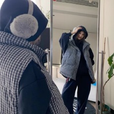 批发今年流行蓝色格子马甲羽绒棉服外套女2026年秋冬季宽松立领棉衣潮