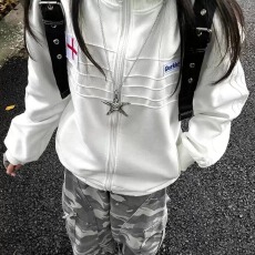 批发美式高街皱痕刺绣立领开衫拉链卫衣女大童初中高中学生外套女夹克