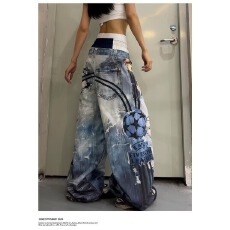 批发炫酷印花装饰水洗牛仔裤女<b class='q'>春</b>秋款高腰宽松显瘦百搭直筒阔腿拖地裤