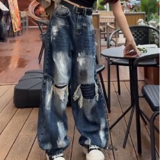 批发美式复古做旧破洞牛仔裤女2026<b class='q'>春</b>夏季新款高腰直筒宽松阔腿裤子