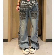 批发美式微喇蓝牛仔裤男女<b class='q'>春</b>秋季新款潮牌双裤头松紧腰设计感牛仔裤