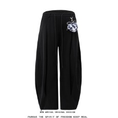 批发美式解构抽绳弯刀休闲裤男女宽松百搭<b class='q'>运动</b>卫裤灰色字母印花长裤子