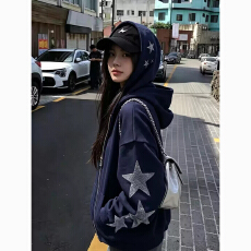 批发美式复古星星烫钻连帽卫衣<b class='q'>男</b>女早秋宽松慵懒风拉链开衫小众外套