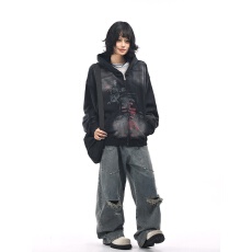 批发美式气质水洗做旧涂鸦连帽卫衣男女春秋季设计感休闲<b class='q'>百搭</b>宽松外套