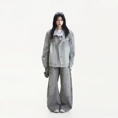 批发时尚夹克就位牛仔外套春秋新款男女装百搭翻领前扣多口袋长袖上衣