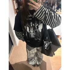 批发LPLN假两件条纹长袖T恤男女美式复古嘻哈摇滚乐队印花<b class='q'>街头</b>上衣潮