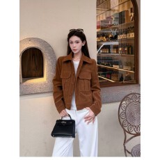 批发老钱复古麂皮绒外套<b class='q'>女</b>短款秋季高级感棕色翻领工装皮<b class='q'>夹克</b>上衣百搭