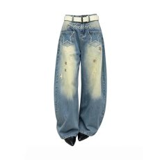美式叁洪街头风设计感牛仔裤女秋季新款高腰宽松显瘦阔腿弯刀长裤