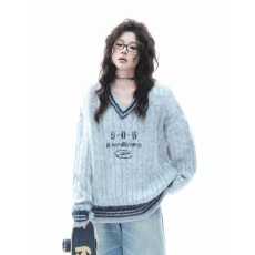 批发美式复古V领麻花<b class='q'>针织衫</b>宽松型套头毛<b class='q'>男</b>女衣学院风慵懒松弛感潮流