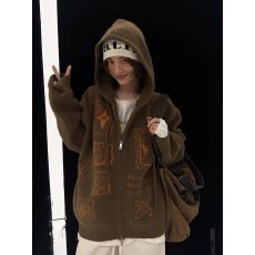 批发巨好看连帽拉链提花慵懒风<b class='q'>针织衫</b><b class='q'>男</b>女款秋冬季潮流宽松毛衣外套