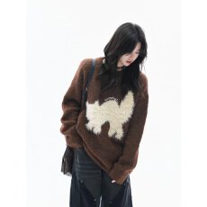 批发秋冬美式复古毛绒小猫圆领<b class='q'>针织衫</b><b class='q'>男</b>女潮牌慵懒情侣休闲套头毛衣