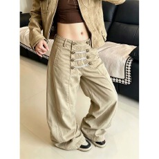 批发美式复古直筒宽松排扣工装<b class='q'>牛仔</b>裤<b class='q'>男</b>女可调节设计感阔腿<b class='q'>长裤</b>潮