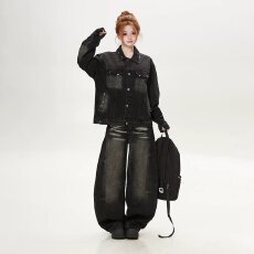 批发水洗夹克就位<b class='q'>牛仔外</b>套女男秋季新款美式潮流破洞复古休闲流行慵懒