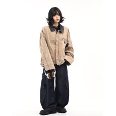 批发复古乐万邦撞色<b class='q'>牛仔</b>外套女秋新款设计感小众宽松休闲夹克简约慵懒