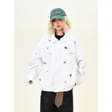 批发时尚依品扬小花刺绣翻领外套<b class='q'>男</b>女春秋美式复古短款百搭情侣<b class='q'>夹克</b>