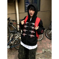 批发街头黑衣朋克风卫衣开衫女秋季闪粉手枪印花连帽外套宽松情侣上衣
