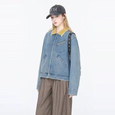 批发新款原创春秋男女复古撞色翻领牛仔夹克女宽松磨破<b class='q'>水洗</b>长袖外套