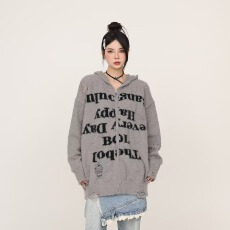 批发美式慵懒复古高街破洞连帽针织开衫男女毛衣宽松<b class='q'>情侣</b><b class='q'>拉链</b>毛绒外套