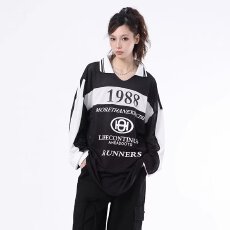 批发美式复古polo衫国<b class='q'>潮牌</b>黑白拼接网眼翻领<b class='q'>卫衣</b>女小众高街赛车服外套