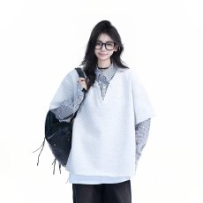 批发2025复古学院风假两件衬衫女春季<b class='q'>潮牌</b>宽松情侣长袖<b class='q'>卫衣</b>外套