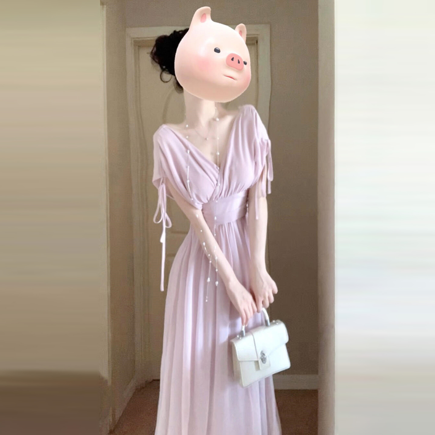 FA34214# 法式温柔粉紫色v领连衣裙女夏季新款高级感气质收腰显瘦长裙 服裝批發女裝批發服飾貨源