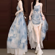 批发蓝色水墨画吊带网纱拼接<b class='q'>连衣裙</b>子女夏季2025新款法式气质收腰长裙