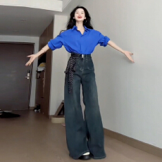 批发防晒<b class='q'>衬衣</b>内搭可外穿2025年春季新款开春穿搭慵懒风上衣蓝色<b class='q'>衬衫</b>女