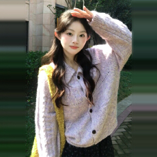 批发韩系氛围感紫色针织开衫毛衣女秋季2025新款碎花<b class='q'>连衣裙</b>子两件套装