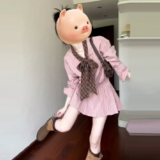 批发巨好看的秋日法式减龄气质粉色条纹连衣裙子女2025新款秋季衬衫裙