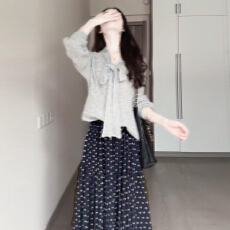 批发小个子香风灰色波点套装裙子女早秋季2025新款高级感巨好看两件套
