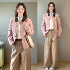 批发2025新款粉色短款夹克外套女早<b class='q'>秋</b>季日系复古休闲宽松格子拼接上衣