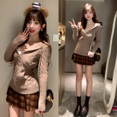 批发2025新款学院风咖色毛衣连衣裙子女春秋季设计感绝美气质短裙套装