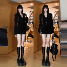 批发小香赫本风黑色西装套装连衣裙子女2025新款巨好看秋冬季韩系穿搭