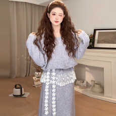 批发v领<b class='q'>蕾丝</b>针织毛衣连衣裙女秋冬季2025新款法式温柔风紫色<b class='q'>套装</b>长裙