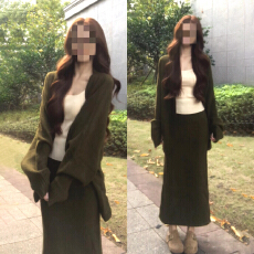 批发绿色开衫毛衣外套针织套装裙子女秋冬2025新款韩系穿搭一整套长裙
