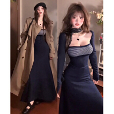 批发韩系辣妹穿搭<b class='q'>条纹</b><b class='q'>连衣裙</b>子女2025新款修身显瘦秋冬季内搭打底长裙