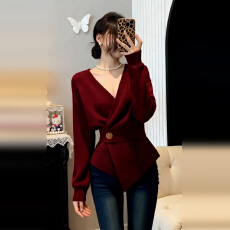 批发圣诞穿搭红色不规则毛衣女秋冬季2025新款内搭打底<b class='q'>针织衫</b>v领上衣