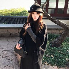 批发韩系黑色高领斗篷<b class='q'>连衣</b>裙套装秋冬气质名媛巨好看超火穿搭一整套女