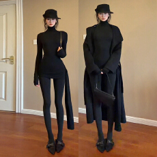 批发秋季新款高级感修身显瘦包臀短裙美式辣妹风高领长袖打底连衣裙女