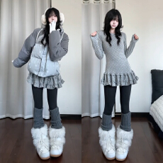 批发美式高街波点裙摆叠穿长袖t恤女秋<b class='q'>冬</b>收腰显瘦甜美打底衫内搭上衣